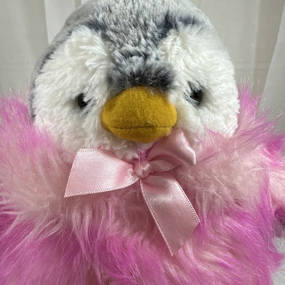 Aurora 8.5" Fuzzy PomPom Peguin Plush w/Pink Fuzzy Winter Coat - Picture 3 of 13